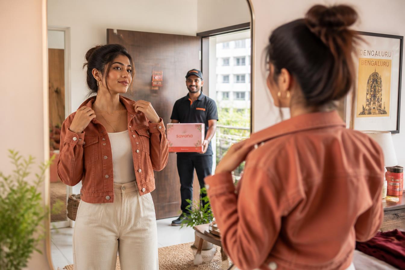 Woman trying on a jacket at home while a delivery rider brings a fashion package to her door in Bengaluru